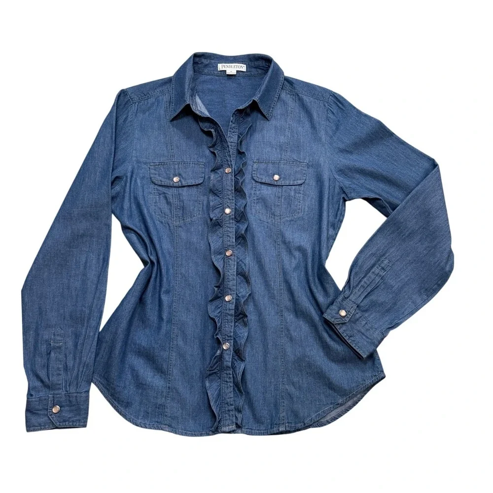 Pendleton Womens Denim Ruffle Pearl Snap Western Shirt Country Rodeo M - Picture 2 of 13